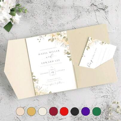 20pcs Pearl Glitter Tri-Fold Invitation Cards With Envelopes, Suitable For Weddings, 15th Birthday Parties, Family Gatherings, Christenings, Bridal Showers, Colors Include Pink, Gold, Burgundy, Beige, White, Navy Blue