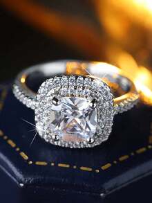 Elegant Square Geometric Couple Rings, Synthetic Cubic Zirconia Jewelry Gift For Valentine's Day - White - View 2