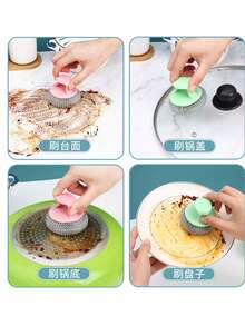 2/5/10 piezas Bolas de limpieza sin rayar, Cepillo sin lana de acero, Estropajos de plástico con mango para ollas y sartenes del hogar - Multicolor - Ver 10