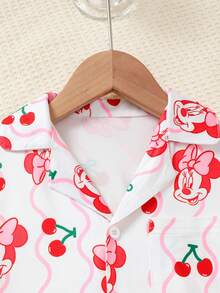 Disney 两件套少女衬衫套装 - 可爱卡通米妮和樱桃印花衬衫和短裤，适合休闲外出、度假、海滩、派对、户外活动、生日、礼物 - 粉色 - 查看 5