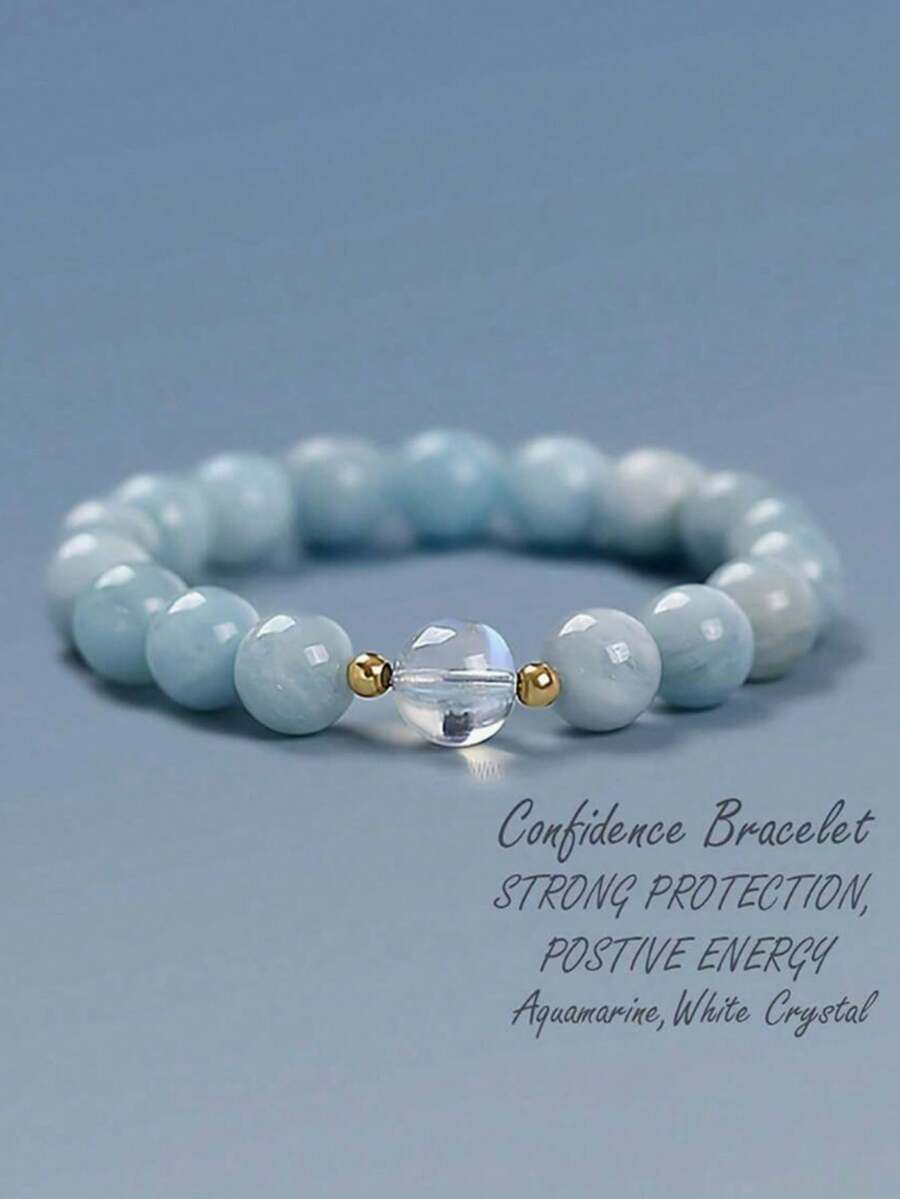 1pc Aquamarine & White Crystal Bracelet - Good Luck, Calming ,Peace, Love,Healing Crystal Spiritual Protection Meditation Jewelry-Ideal Gifts - Baby Blue - View 1