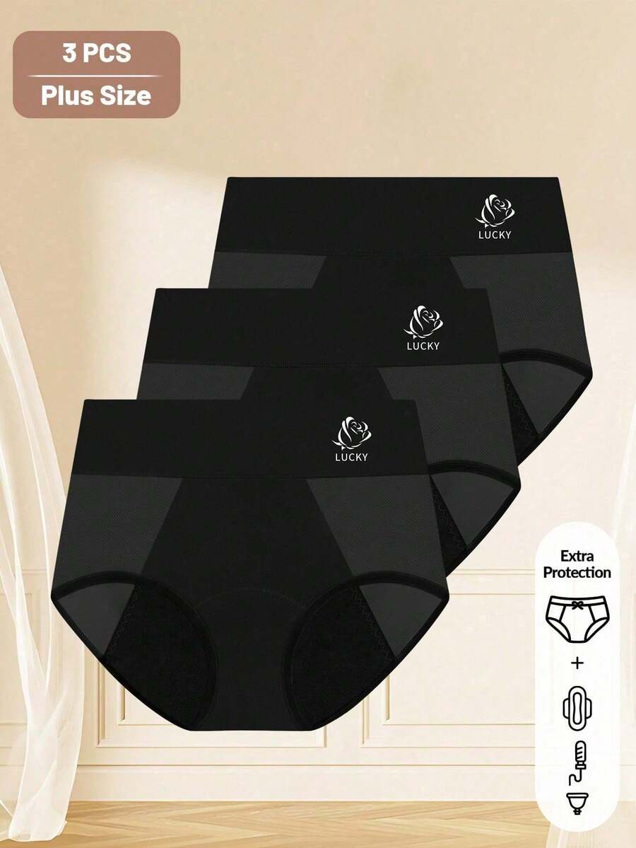 MEIYATING 3pcs Plus Size Women's Period Panties, Triangle Briefs With Leak-Proof Mesh