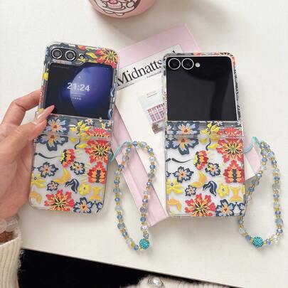 New Retro Art Style Contrast Color Big Flower Elegant Folding Phone Case With Chain, Suitable For Samsung Galaxy Z Flip3 5G/Galaxy Z Flip 4 5G/Galaxy Z Flip 5 5G/Galaxy Z Flip 6 5G/Galaxy Z Flip 7 5G, Fresh Folding Protective Cover