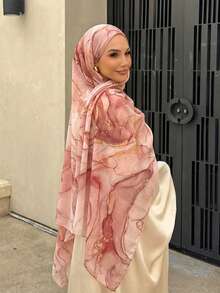 1件装女士围巾波西米亚水彩雪纺头巾，穆斯林日常佩戴头巾，秋季款 - 金粉紅色 - 查看 6
