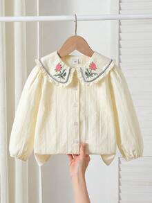 女童刺绣领撞色休闲长袖衬衫 - 杏色 - 查看 1
