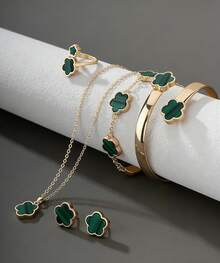 1 Set Jewelry For Women Includes 1 Necklace With Clover Pendant, 1 Bracelet, 1 Pair Of Earrings, 1 Ring, 1 Bangle - 綠色 - 查看 1