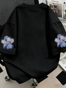 加大码女式休闲印花圆领短袖T恤，夏季黑色 - 黑色 - 查看 2
