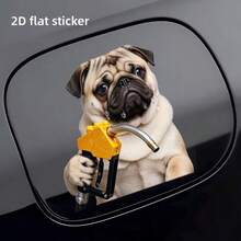 1张2D平面贴纸，浅棕色和白色斗牛犬手持黄色加油枪和金属软管，汽车油箱盖贴纸，汽车贴花 - 1PC - 查看 4