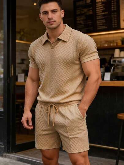 Men's Summer Polo Shirt Sportswear Set, Men's Short Sleeve Collar Design, Golf Shirt And Waist Shorts With Pockets, Suitable For Outdoor Leisure, Beach Relaxation Set, Very Suitable For Outdoor