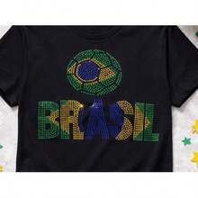 Women's T-Shirt With Brazilian Flag In Rhinestones, World Cup 2026 - BLUE AND BLACK - View 5