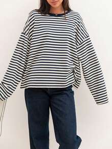New Stylish & Elegant Striped Ribbed Top, Suitable For Everyday Wear, Brunch, Airport Outfit, All Seasons Spring - Deep Blue - View 5