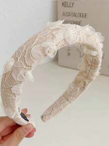 1pc Women's Lace Flower Embroidered Padded Headband, Sweet Floral Boho Style Pink Headband Hairband Hair Hoop - Multicolor - View 5