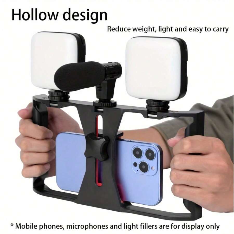 1pc 3-Cold Shoe Smartphone Stabilizer - Anti-Shake Handheld Holder | Lightweight ABS Material With Microphone/Fill Light Slot And 1/4" Interface, Suitable For Live Streaming And Vlogging - Black - View 1