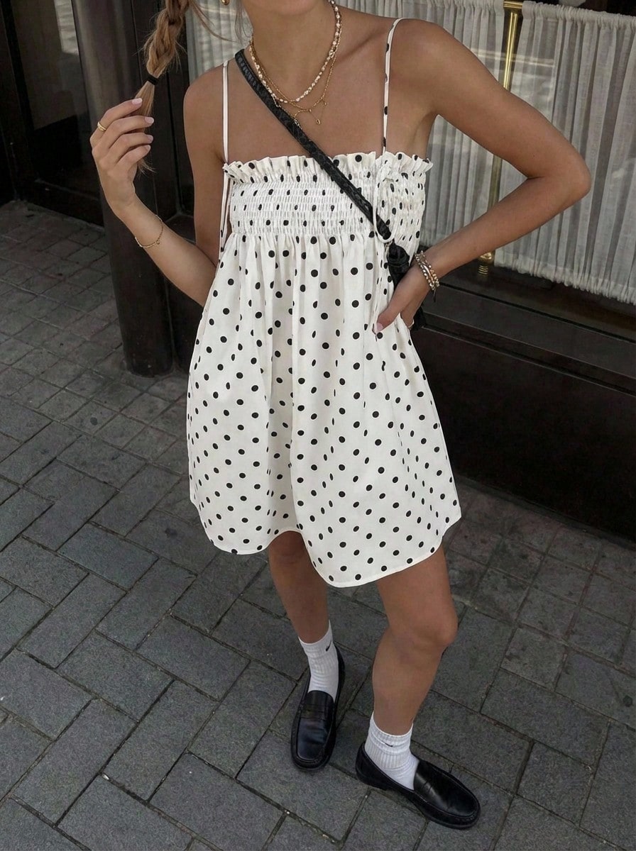 Buzzelle Đầm ngắn kiểu Bohemian cổ điển in chấm bi toàn thân, dáng suông, eo chun nhún bèo, viền ren, dây mảnh, có thể mặc như chân váy theo nhiều kiểu khác nhau. - trắng - Xem 1