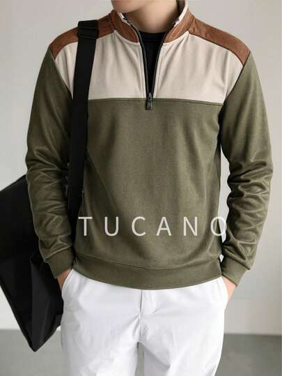 Tucano Men's Olive Green Patchwork Stand Collar Zip-Up Sweatshirt, Versatile Business Casual Daily Wear
