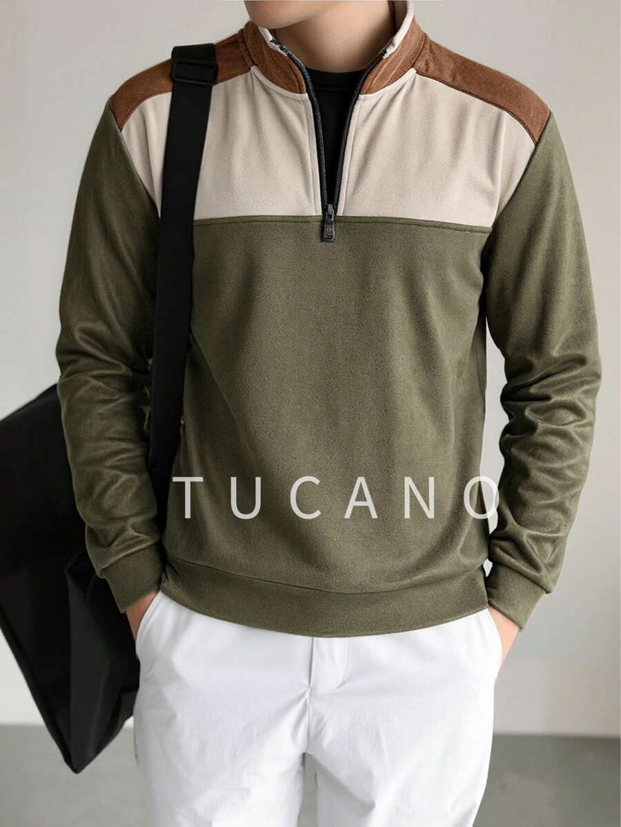 Áo sweatshirt nam màu xanh ô liu phối nhiều mảnh, cổ đứng, khóa kéo, đa năng, phù hợp mặc hàng ngày như công sở. - Màu xanh Ô liu - Xem 1