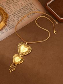 1pc Middle Eastern Saudi Arabia Ramadan Style Gold-Plated Copper Laser Cut Heart Pendant Necklace, Gift For Family And Friends - Yellow Gold - View 2