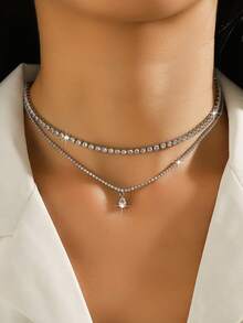 2pcs Women's Pendant Necklace Set, Layered Round & Teardrop Cubic Zirconia Charm, Minimalist Elegant Versatile For Daily Wear, Graduation, Wedding, Birthday Party - Multicolor - View 7