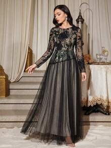 Women's Elegant Long Dress With Sheer Mesh, Floral Embroidery, And Sequin Accents, Suitable For Daily Wear, Parties, And Weddings Spring Party Black - Black - View 2