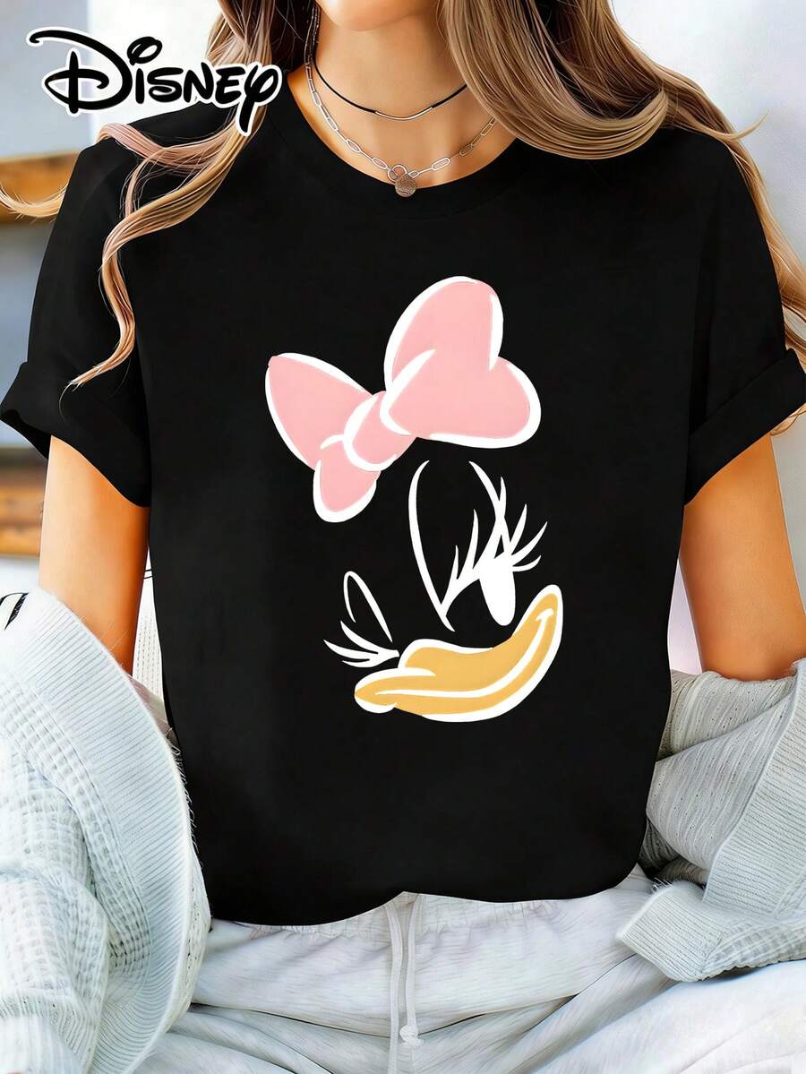 Disney Womens Casual Cotton Short Sleeve Round Neck Regular Fit Minnie Mouse Black T-Shirt - 黑色 - 查看 1