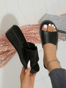 女士夏季厚底露趾防滑坡跟凉鞋 - 黑色 - 查看 5