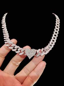 1条13毫米水晶心形链项链，女士时尚嘻哈心形链项链，适合日常佩戴或参加派对，情人节礼物 - 銀色 - 查看 3