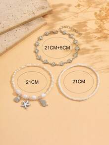 3pcs Bohemian Style Shell & Starfish Beaded Anklet Set For Girls, Beach Fashion Anklet With Random Bead Placement - Multicolor - View 4