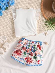 Conjunto de camiseta con estampado de sirena con volantes y parches y falda corta con estampado de océano, estilo casual de vacaciones para niñas pequeñas - Blanco - Ver 2