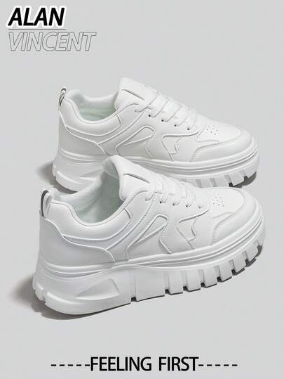 Alan Vincent[Thick Sole Heightening Series]Women's White Shoes, New Thick Sole Heightening Casual Sneakers For Women, Lace-Up, Comfortable & Cute, Suitable For Daily Wear