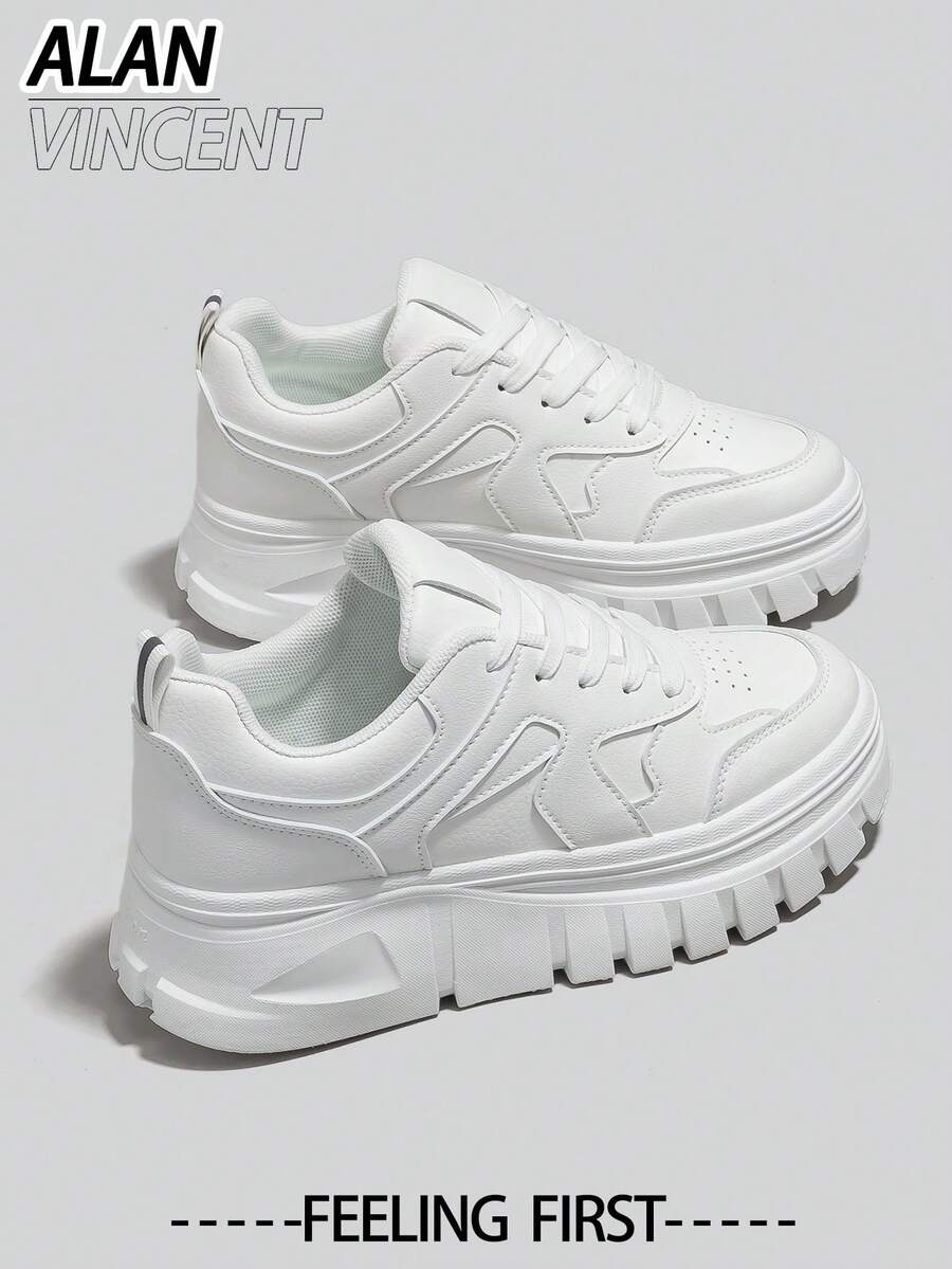 Alan Vincent[厚底增高系列]女士白色鞋，新款厚底增高休闲运动鞋，系带设计，舒适可爱，适合日常穿着
