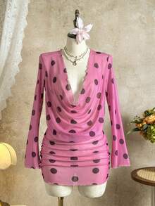 Women's New Spring/Summer Swimsuit Cover-Up, Elegant Sexy Retro Yellow Polka Dot Print With Turtleneck Long Sleeve Mesh Dress, Women's Beach Outfit, Y2K Swimwear, Suitable For Beach Vacation, Holidays, Parties, Valentine's Day, Carnival - Pink Coffee Color - View 2