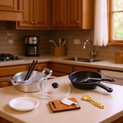 Miniature Creative Realistic Mandarin Duck Pot, Wok, Cutting Board, Knife, Chopsticks, Spoon Kitchen Model Accessories, Dollhouse Kitchen Accessories, Miniature Restaurant Model, Pretend Play Toy, Photography Props, Micro Scene Decor, Realistic Cookware Mandarin Duck Pot Set