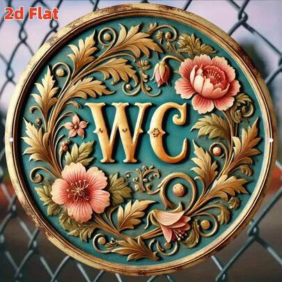 1pc Vintage Bathroom Sign, 2D Flat Printing, Size 20X20cm, Round Wooden Design With Gold Letters And Wreath. This Retro Blue-Green Decor Is Suitable For Indoor Or Outdoor Use, Pre-Drilled Holes As Shown In Size Chart