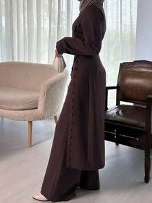 2pcs Women's Elegant Solid Color Top And Pants Set, Casual Commuter Outfit With Slit - Purple - View 3