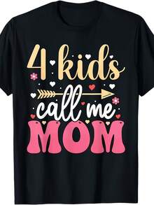 Women'S & Men'S "4 Call Me Mom" Graphic T-Shirt - Retro Loose Fit Soft Breathable Round Neck Tee With Heart & Arrow Print, Funny Mother'S Day Gift, Casual All-Season Comfort, Machine Washable Unisex Top For Moms With 4+ ( With Pink & Golden Letterin - 黑色 - 查看 1