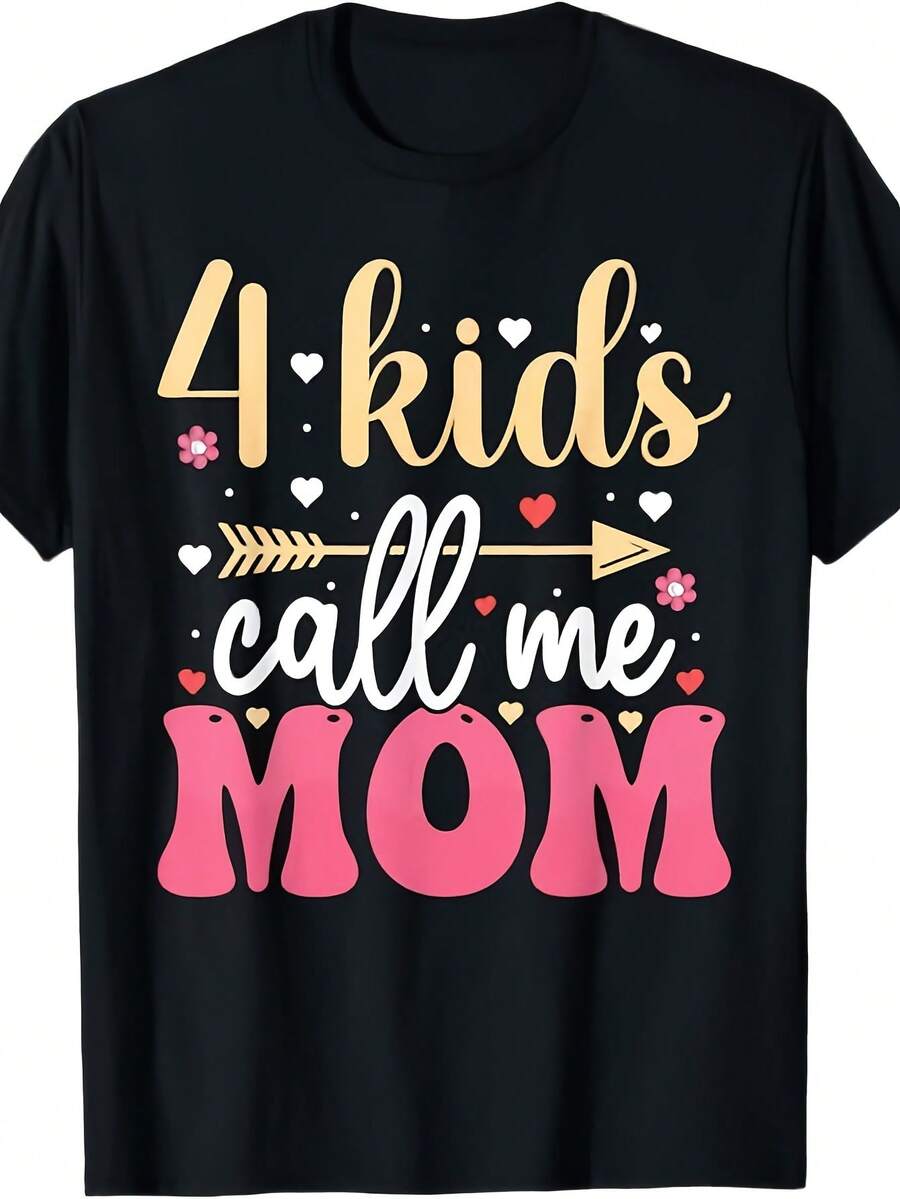 Women'S & Men'S "4 Call Me Mom" Graphic T-Shirt - Retro Loose Fit Soft Breathable Round Neck Tee With Heart & Arrow Print, Funny Mother'S Day Gift, Casual All-Season Comfort, Machine Washable Unisex Top For Moms With 4+ ( With Pink & Golden Letterin - 黑色 - 查看 1