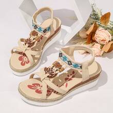 女士厚底凉鞋/波西米亚风露趾厚底鞋。采用弹性一体式设计，中跟，舒适厚底坡跟高跟休闲麻绳编织罗马凉鞋，沙滩凉鞋 - 杏色 - 查看 10