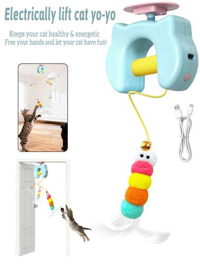 1 pieza Juguete eléctrico para gatos azul, Nueva bola colgante inteligente con cuerda para gatos, Pluma de balanceo automático inteligente para puerta, Suministros para mascotas de interior, Accesorio interactivo flotante para gatos/perros, Apto para uso en interiores