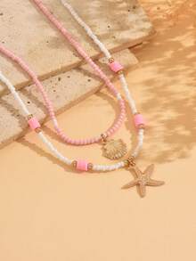 2件套女孩夏季可爱沙滩风贝壳海星合金吊坠项链套装，双层串珠，适合海滩度假，串珠位置随机 - 粉色 - 查看 5