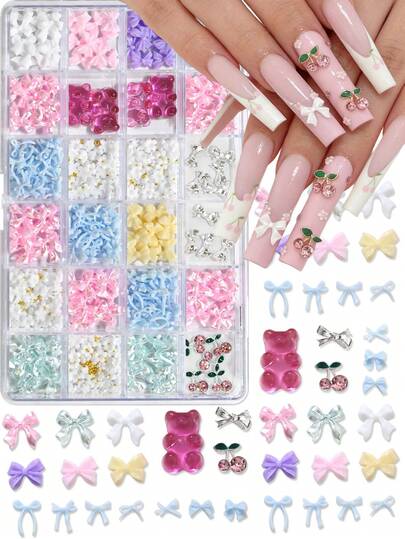 24 Grids 3D Colorful Bow Cherry Bear Flower Nail Charms - Shiny Rhinestone DIY Nail Gems Manicure Accessories Perfect For French Tip & Ombre Nail Art Designs - Y2K Resin Gummy & Bear Flower Nail Art Supplies