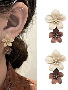 1 Pair Flower Earrings Women Cute Stud Earrings Cool Party Jewelry Valentine's Day Gift For Women Mom Family Friends - 卡其色 - 查看 10