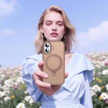 1pc Brown Soft-Touch Matte Magnetic Pivot Bracket With Alloy Lens Film, PC+Silicone TPU 2-In-1 With Hidden Rotatable Magnetic Metal Foldable Ring Holder, Ultra-Thin Shock-Proof Semi-Transparent Anti-Fingerprint Airbag Phone Case Compatible With Apple 17e/17pro/17promax/Air/17/16pro/16promax/16plus/16/16E/SE4/15pro/15promax/15plus/15/14pro/14promax/14plus/14/13pro/13promax/13/12pro/12promax/12/11promax/11 - Mocha Brown - View 9