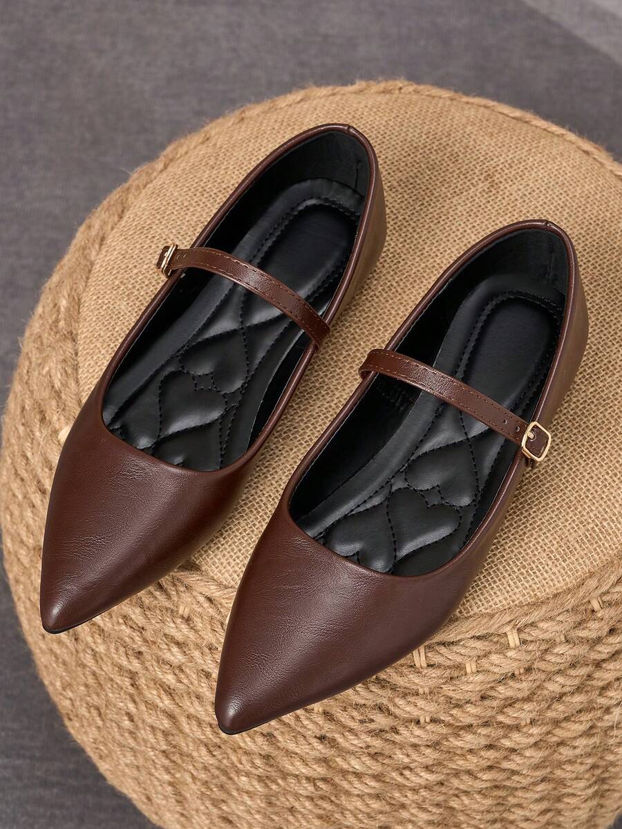 Women's Pointed Toe Splicing Low Vamp Flat Casual Shoes, Purple, Versatile, Suitable For Autumn & All Seasons - Brown - View 1