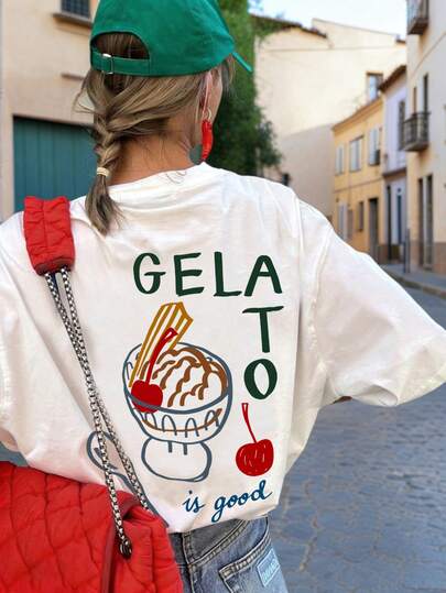 夏季新款简约时尚冰淇淋印花休闲圆领短袖T恤，百搭时尚女式上衣 白色