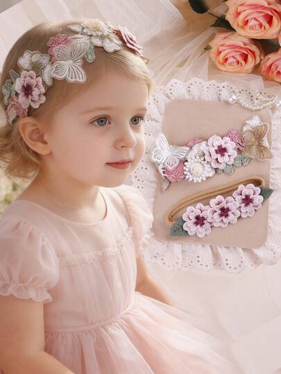 2件套 0-3岁宝宝可爱刺绣玫瑰花蝴蝶装饰婴儿节日发带
