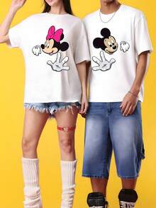 Disney Mickey And Minnie Interactive Print T-Shirt | Cute And Playful Design With Minnie'S Bow And Mickey'S Classic Image, Crew Neck, Regular Fit, Slight Stretch Fabric, Ideal For Casual Wear And Holiday Travel - Women's White - View 1