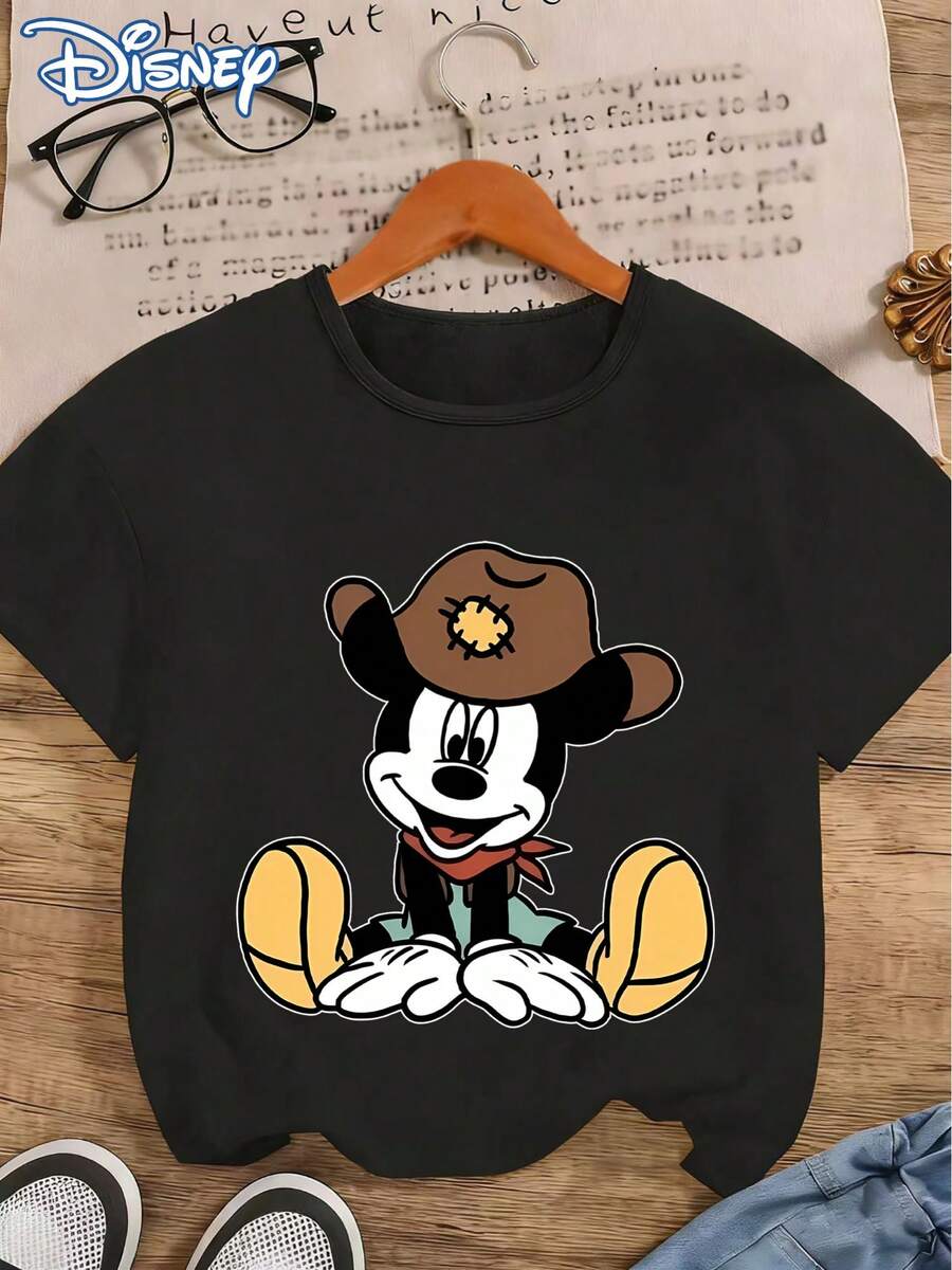 Disney! Women's Western Cowboy Mickey Print T-Shirt, Casual Fashion Round Neck Short Sleeve Summer Top, Vintage Cute Style Sweatshirt For, Outdoor Daily Casual Wear - màu đen - Xem 1