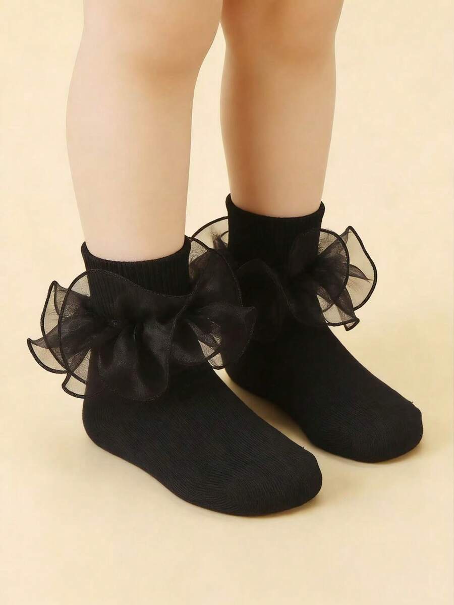 1双女童蕾丝花边袜，公主风黑色袜子 - 黑色 - 查看 1