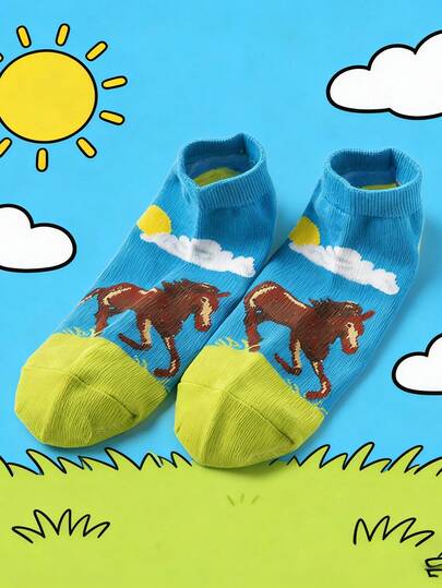 1 Pair Fashionable & Fun Horse Print Ankle Socks, Unisex Suitable For All Seasons, Casual Daily Wear