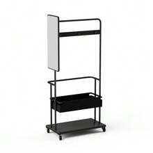 Sturdy Metal Clothes Rack With Wheels, 3-In-1 Model With Basket And Mirror, Hangers, Mobile Rack On Wheels, Spacious Wardrobe, Black, 70 X 40 X 170 Cm - 黑色 - 查看 11